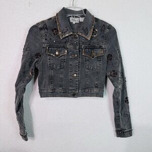 Flashback Embellished Floral Studded Black Denim Jacket Size Small Boho Chic